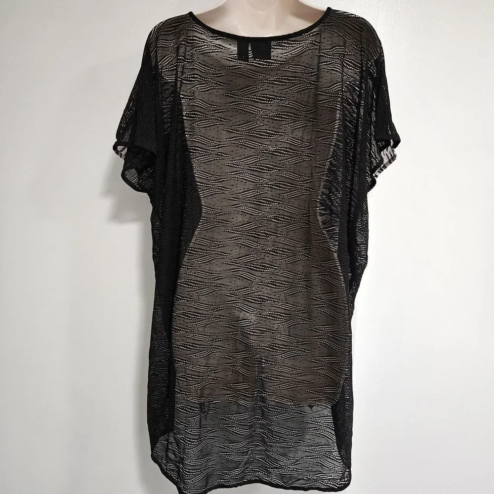 Chicos Travelers Sz 2 (L) Black White Swim Cover Up Flowy Beach Boat Animal Mesh - Picture 3 of 6